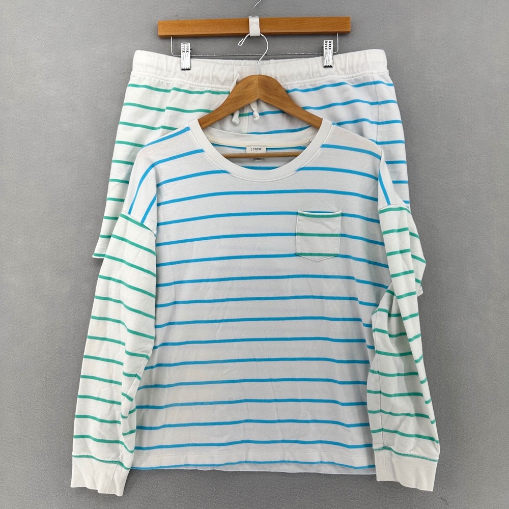 J.Crew Womens Striped Long Sleeve Pocket Top and Shorts Lounge Set White XL Prep